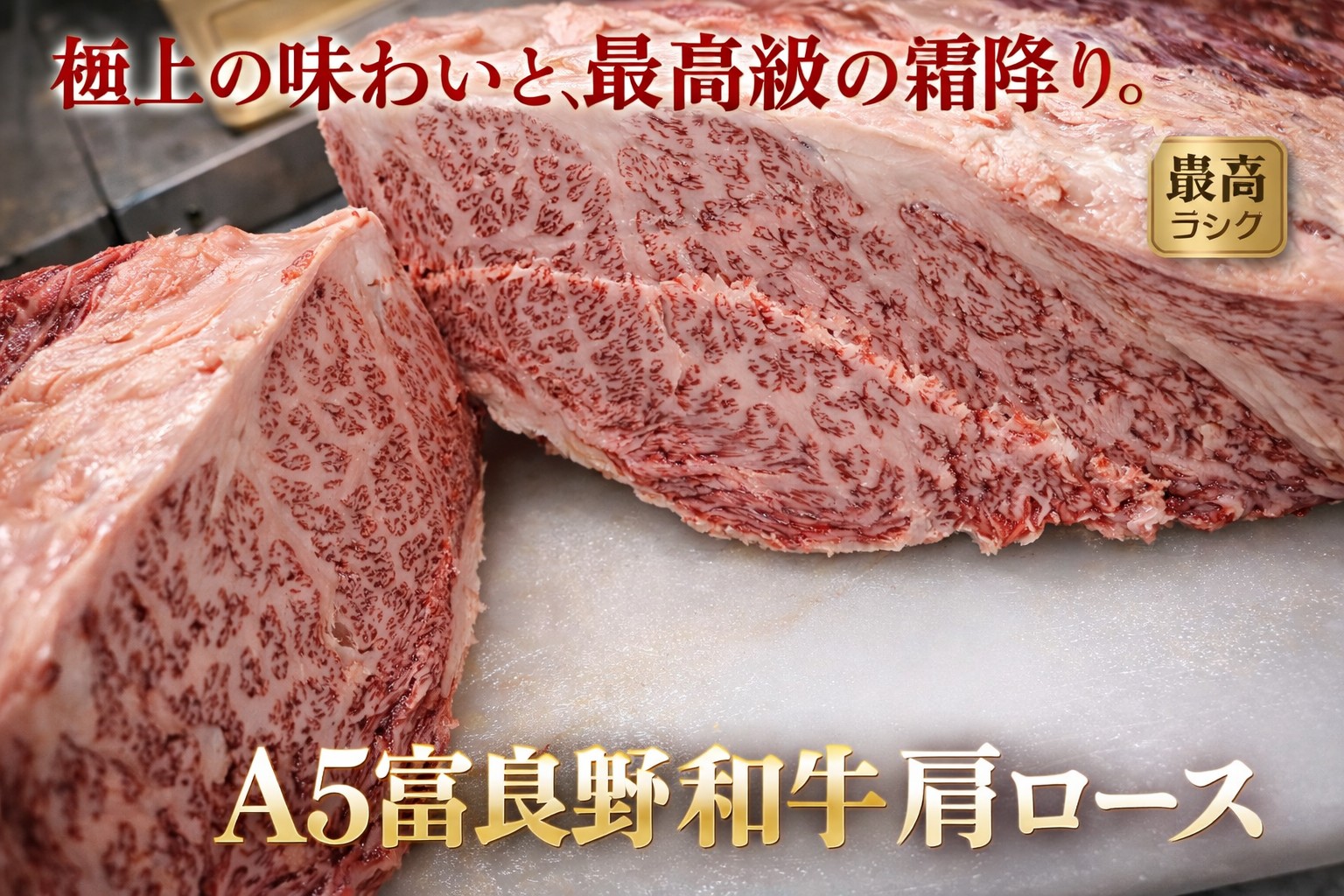 A5富良野和牛 肩ロース。極上の味わいと、最高級の霜降り。